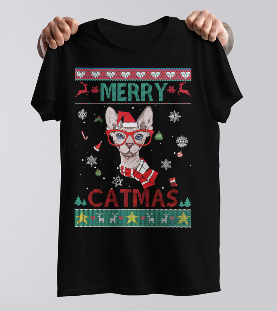 Merry Catmas Sphynx Cat With Santa Hat And Glasses For Christmas T-Shirt