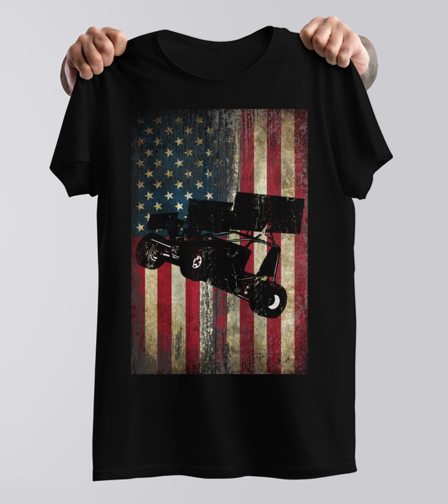 Sprint Car Dirt Track Racing American Flag Background T-Shirt