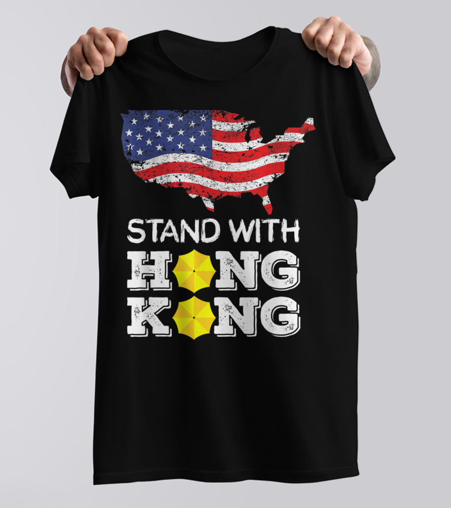 Stand With Hong Kong Strong American Flag Yellow Umbrella T-Shirt
