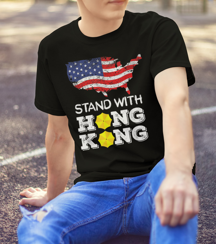 Stand With Hong Kong Strong American Flag Yellow Umbrella T-Shirt