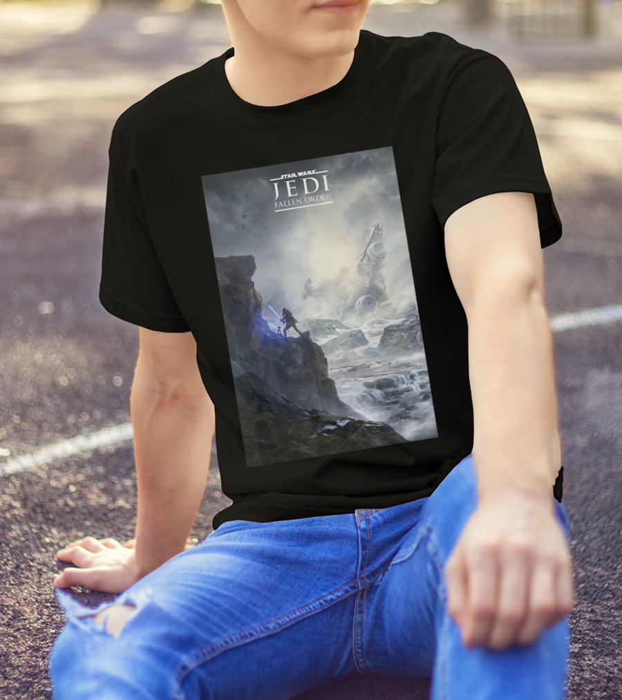 Star Wars Jedi Fallen Order Scenic Battle With Stormtrooper And Ruins T-Shirt