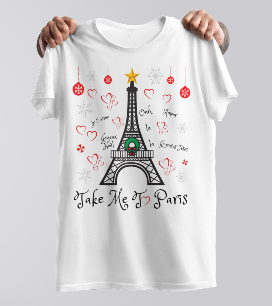Eiffel Tower Christmas Paris Hearts Snowflakes Holiday T-Shirt