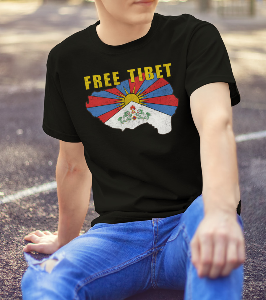 Free Tibet Flag With Sunrise Symbol Map T-Shirt