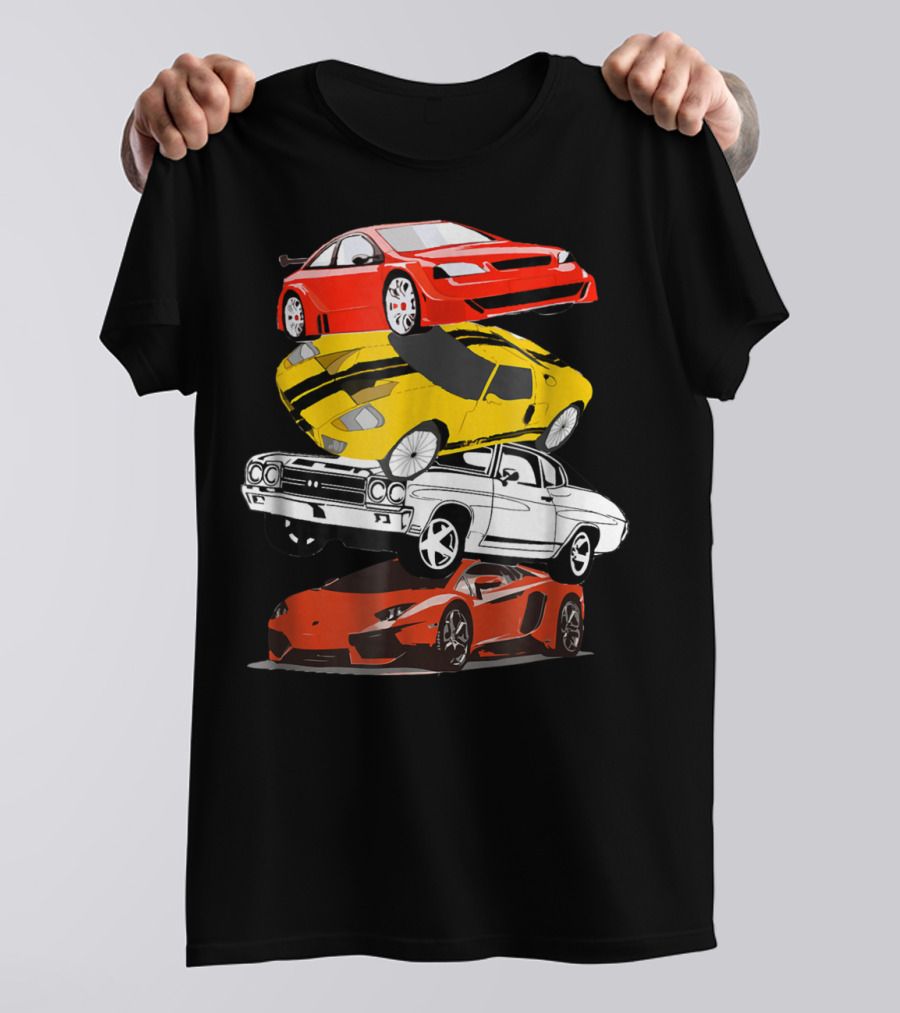 Funny Classic Cars Stacked Red Yellow Black White Racing Cars T-Shirt