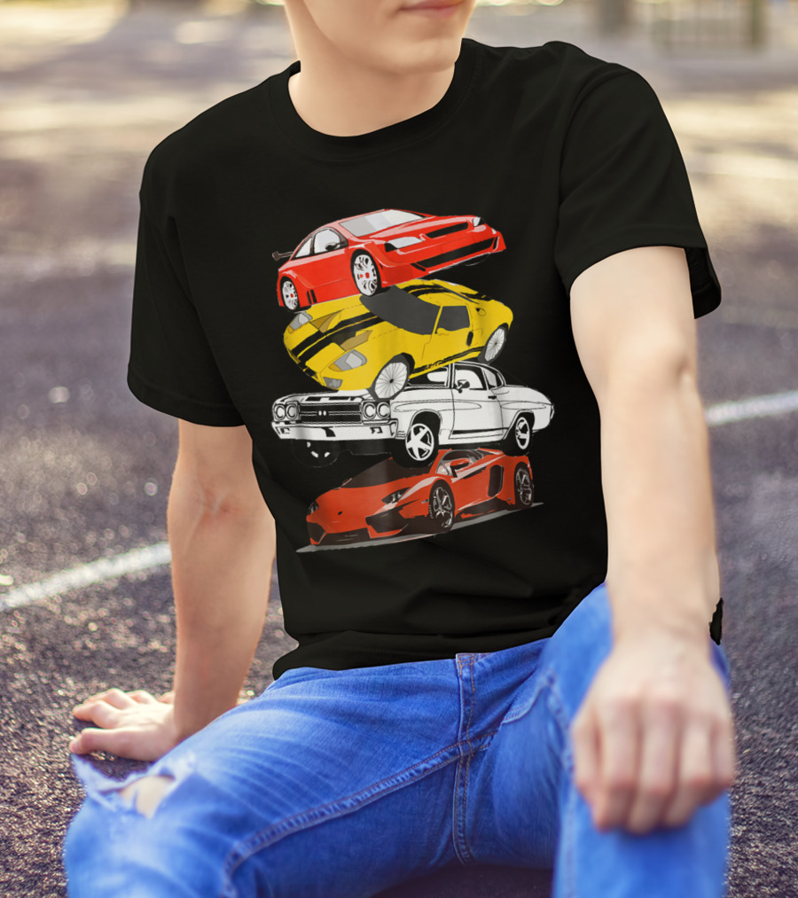 Funny Classic Cars Stacked Red Yellow Black White Racing Cars T-Shirt