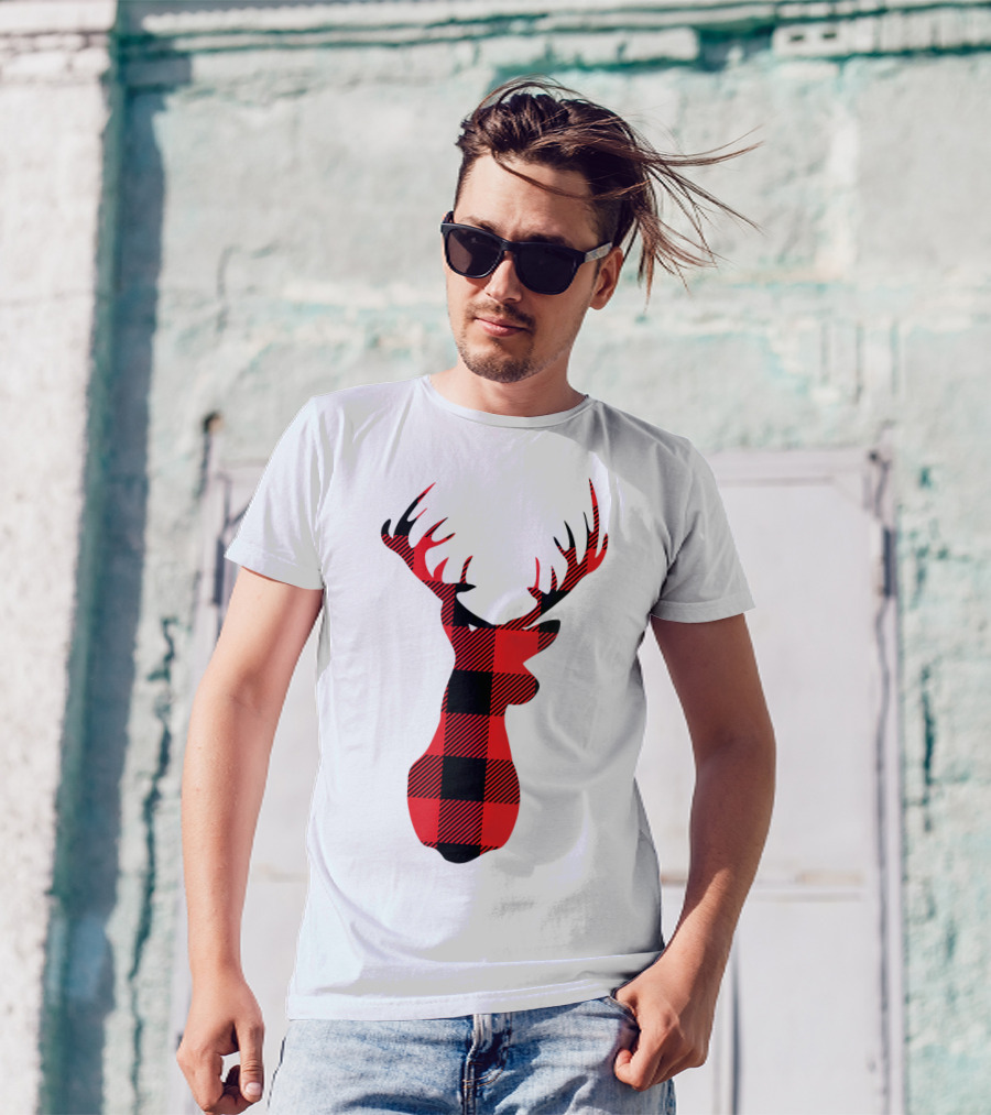 Buffalo Plaid Red Black Christmas Deer T-Shirt