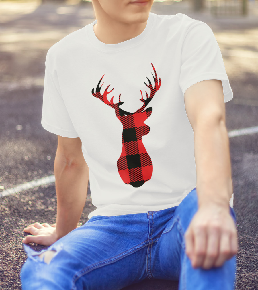 Buffalo Plaid Red Black Christmas Deer T-Shirt