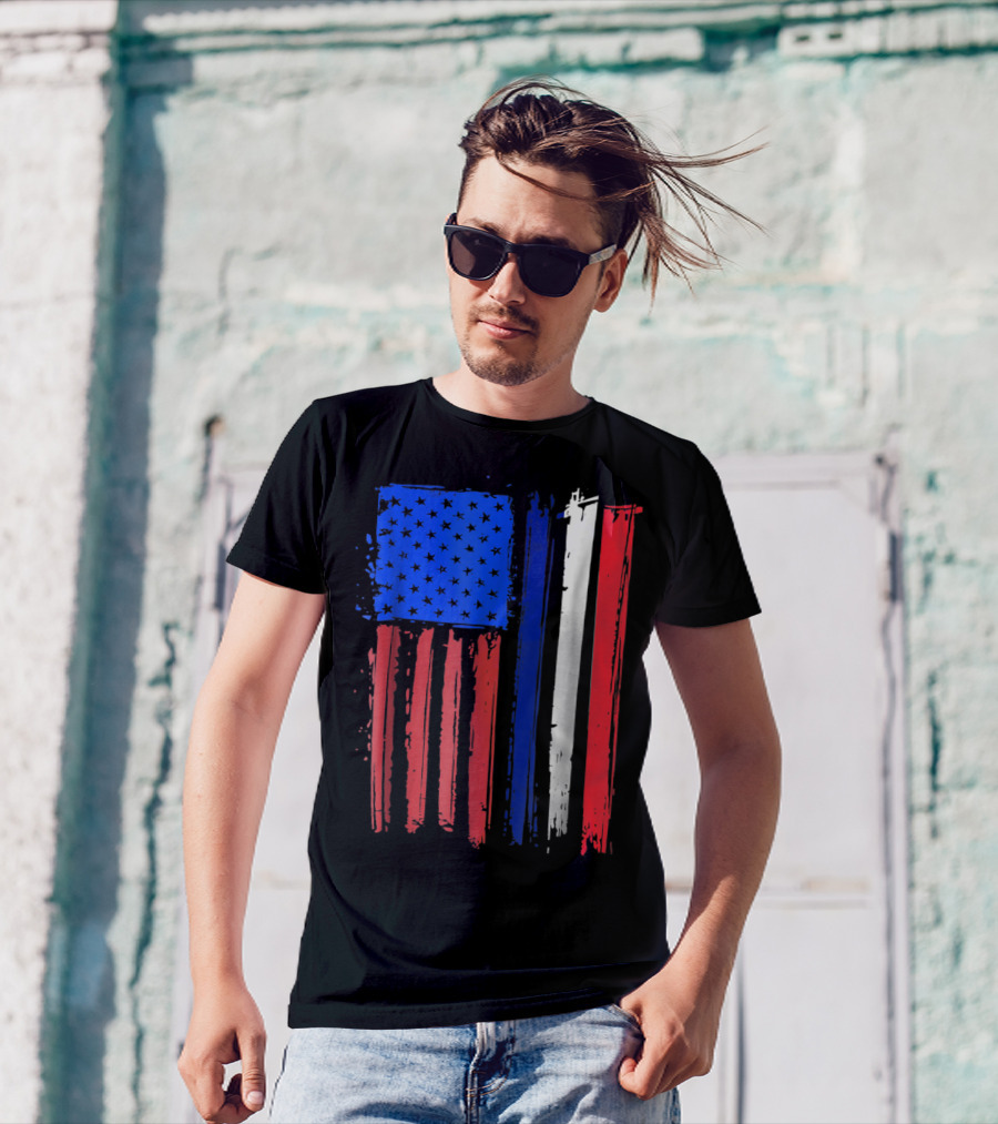 Half French American Flag Classic Patriot Stars And Stripes Paint T-Shirt