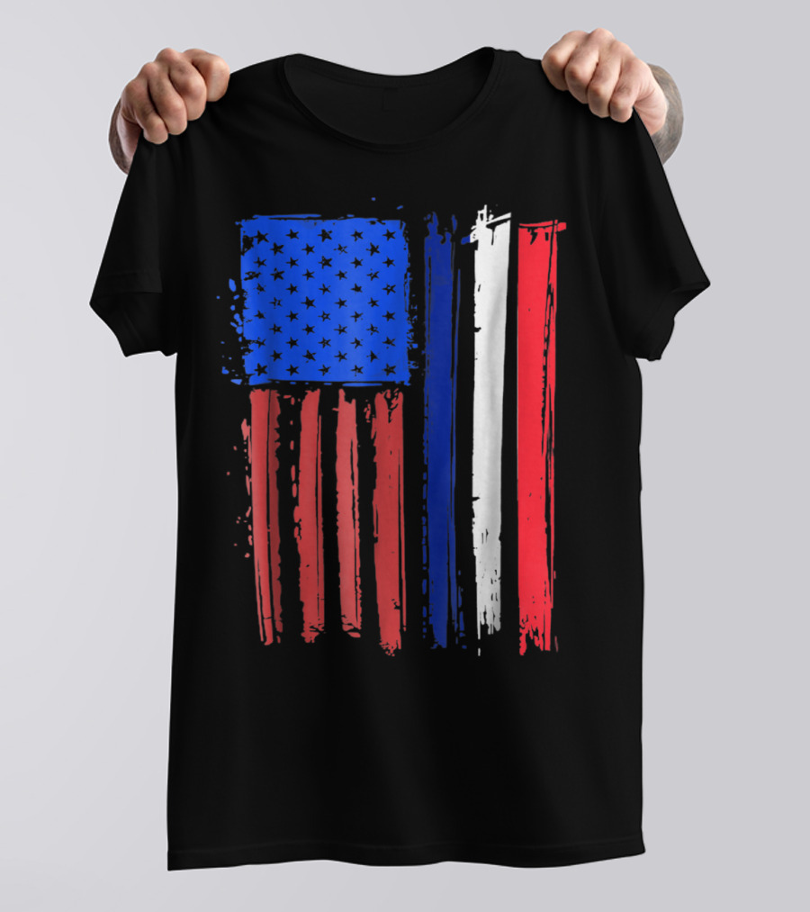 Half French American Flag Classic Patriot Stars And Stripes Paint T-Shirt