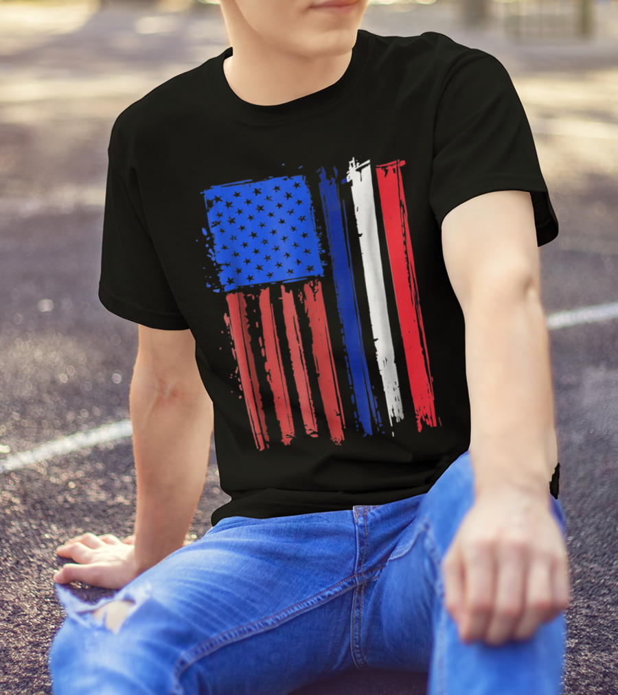 Half French American Flag Classic Patriot Stars And Stripes Paint T-Shirt