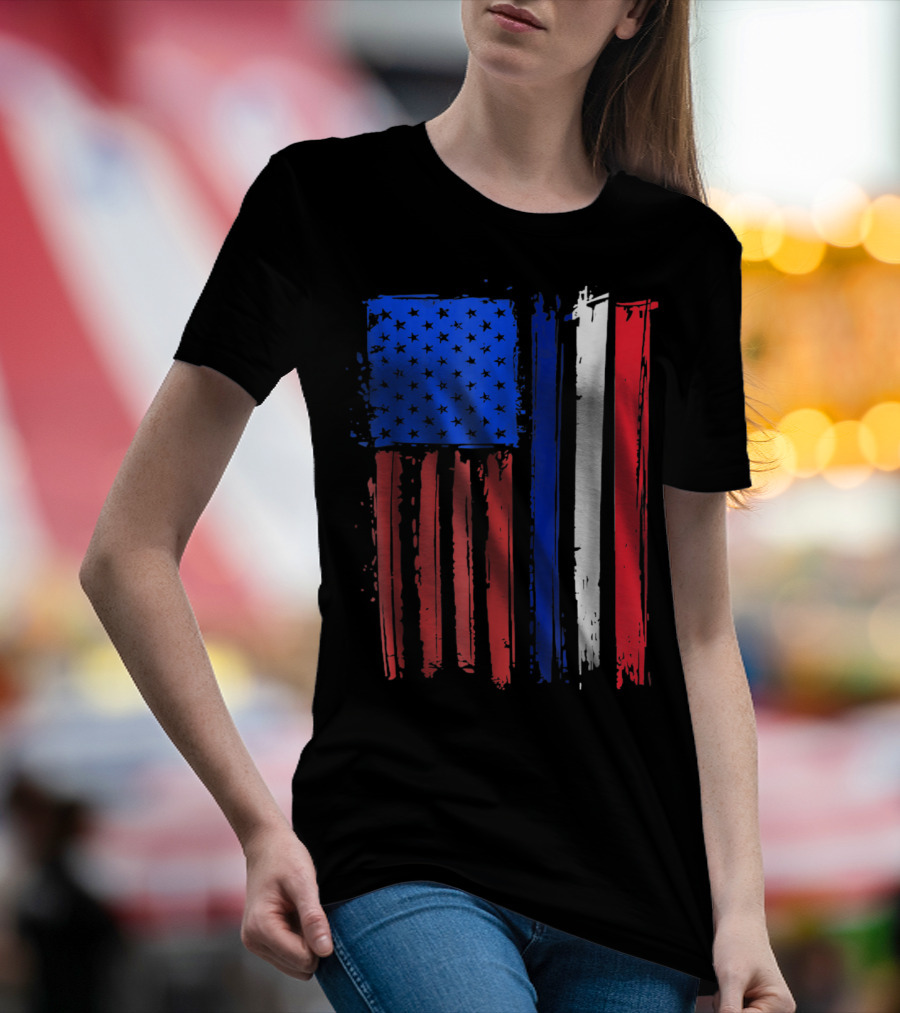 Half French American Flag Classic Patriot Stars And Stripes Paint T-Shirt