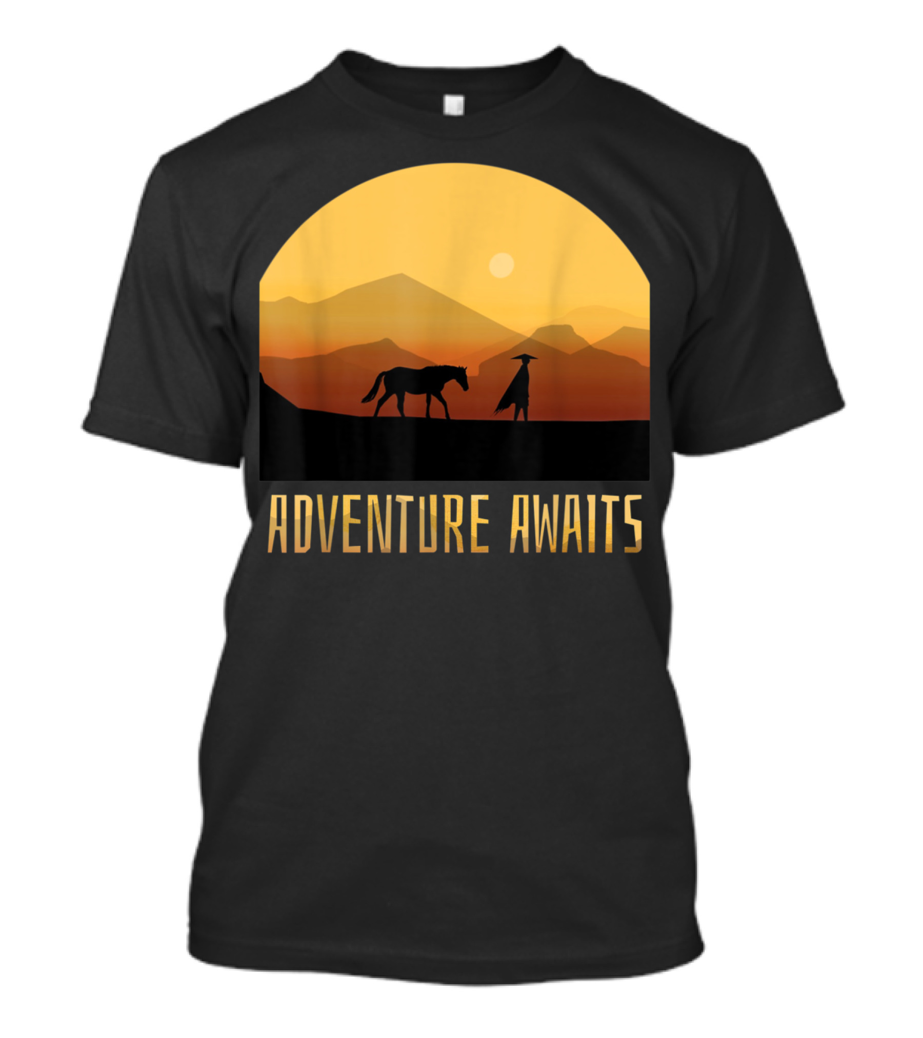 Adventure Awaits Man And Horse At Sunset In Mountain Landscape T-Shirt