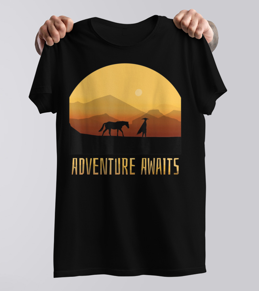 Adventure Awaits Man And Horse At Sunset In Mountain Landscape T-Shirt