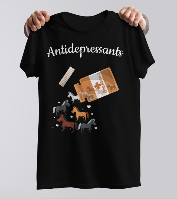 Antidepressants Horses Escaping From Prescription Bottle Hearts T-Shirt