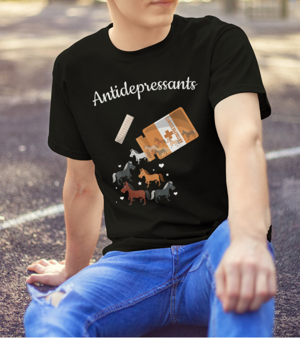 Antidepressants Horses Escaping From Prescription Bottle Hearts T-Shirt