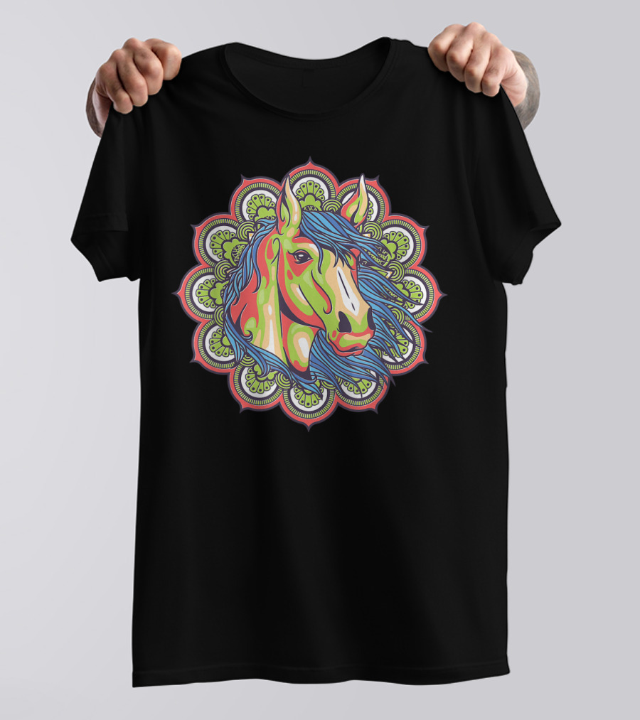 Artistic Mandala Colorful Horse Head With Vibrant Green And Blue Elements T-Shirt