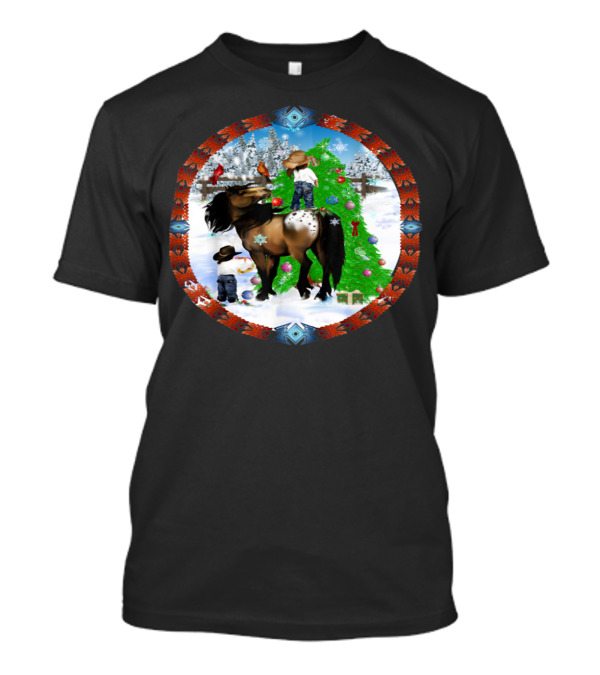 A Horse And A Kid With Christmas Tree In Festive Snowy Oval Scene T-Shirt