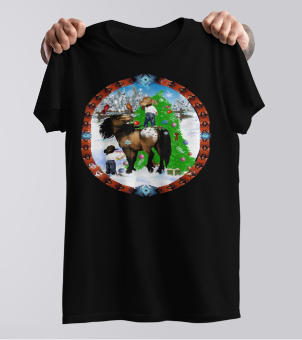 A Horse And A Kid With Christmas Tree In Festive Snowy Oval Scene T-Shirt