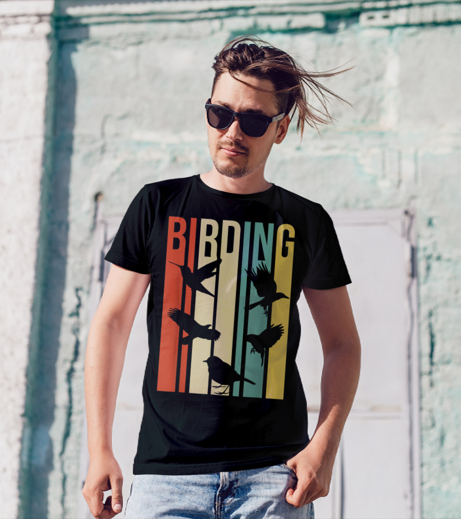 Vintage Style Birding For Birders With Silhouette Birds In Colorful Stripes T-Shirt