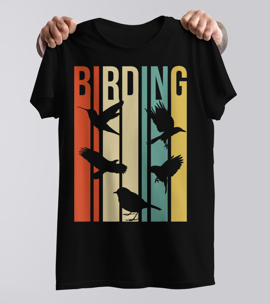 Vintage Style Birding For Birders With Silhouette Birds In Colorful Stripes T-Shirt