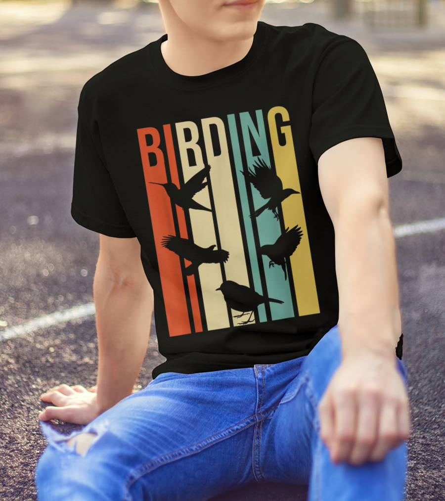 Vintage Style Birding For Birders With Silhouette Birds In Colorful Stripes T-Shirt