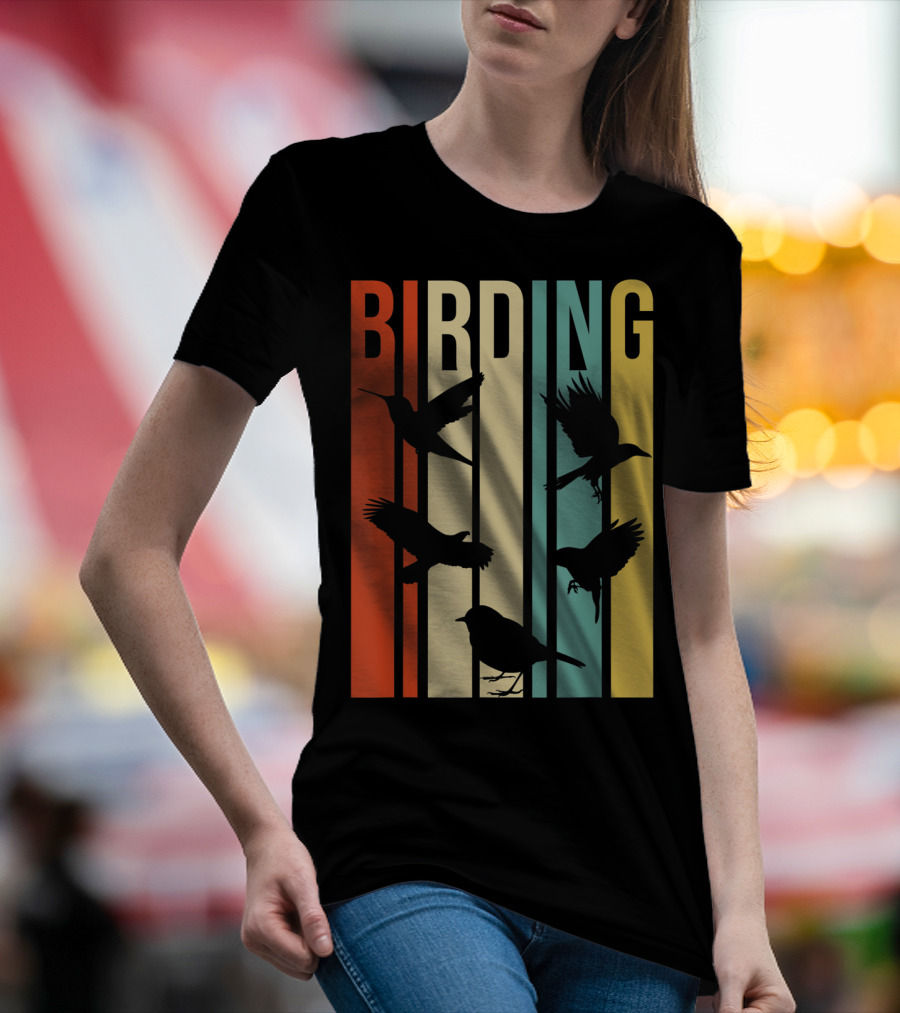 Vintage Style Birding For Birders With Silhouette Birds In Colorful Stripes T-Shirt