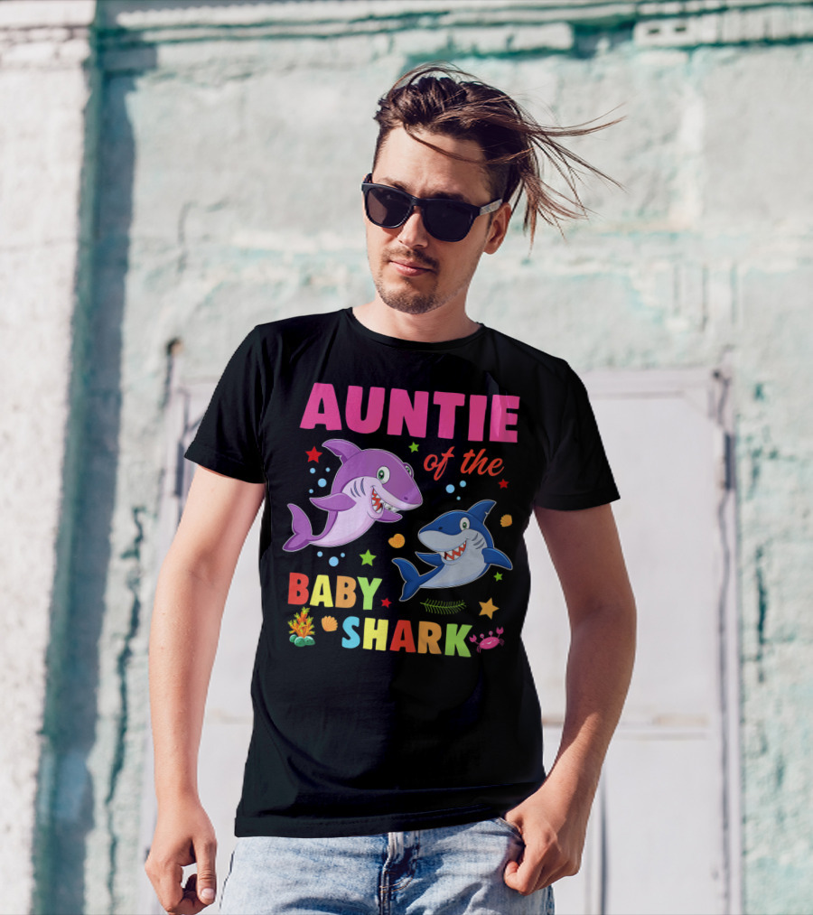 Auntie Of The Baby Shark Birthday Colorful Cartoon Sea Creatures T-Shirt