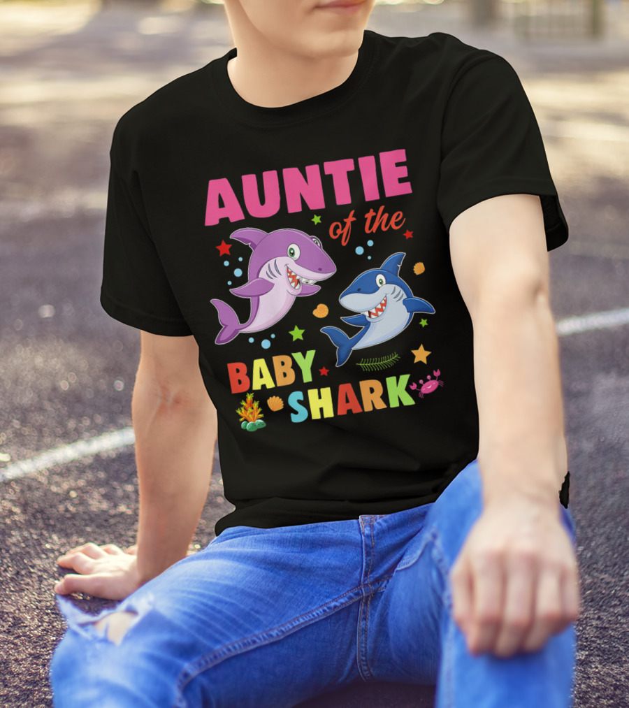Auntie Of The Baby Shark Birthday Colorful Cartoon Sea Creatures T-Shirt