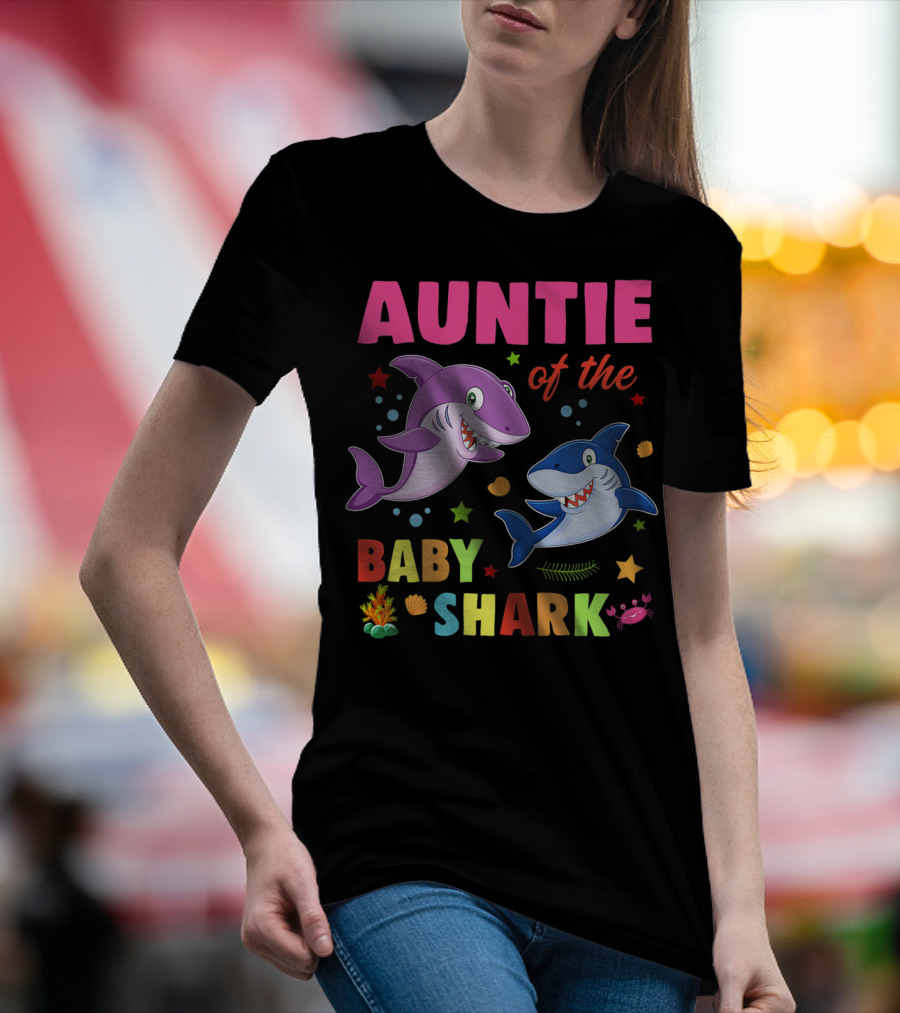 Auntie Of The Baby Shark Birthday Colorful Cartoon Sea Creatures T-Shirt