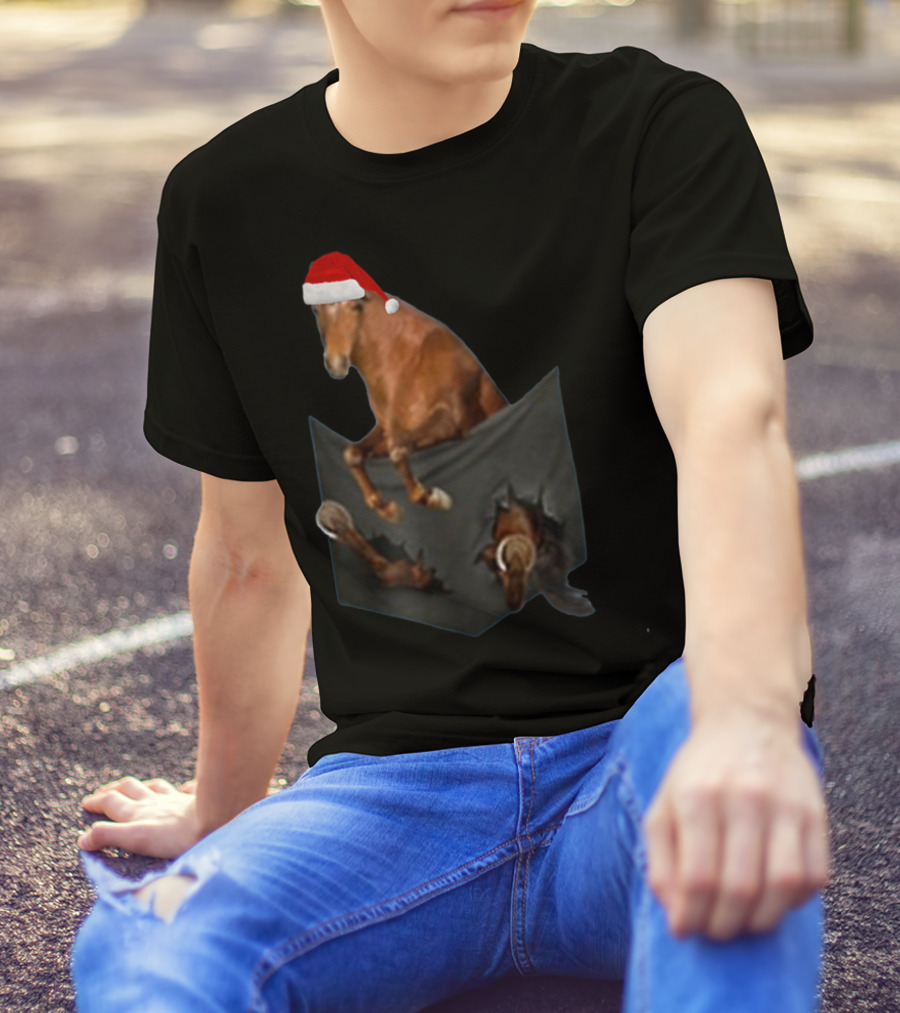 Santa Hat Criollo Horse Bursting From Pocket T-Shirt
