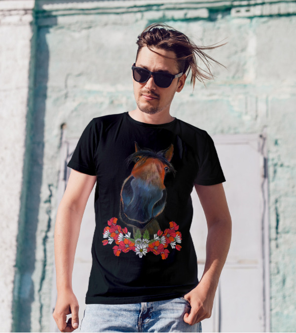 Adorable Horse With Red And White Flowers T-Shirt