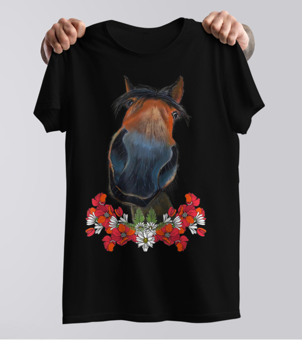 Adorable Horse With Red And White Flowers T-Shirt
