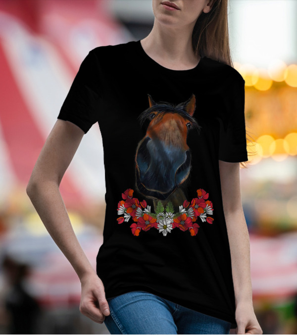 Adorable Horse With Red And White Flowers T-Shirt