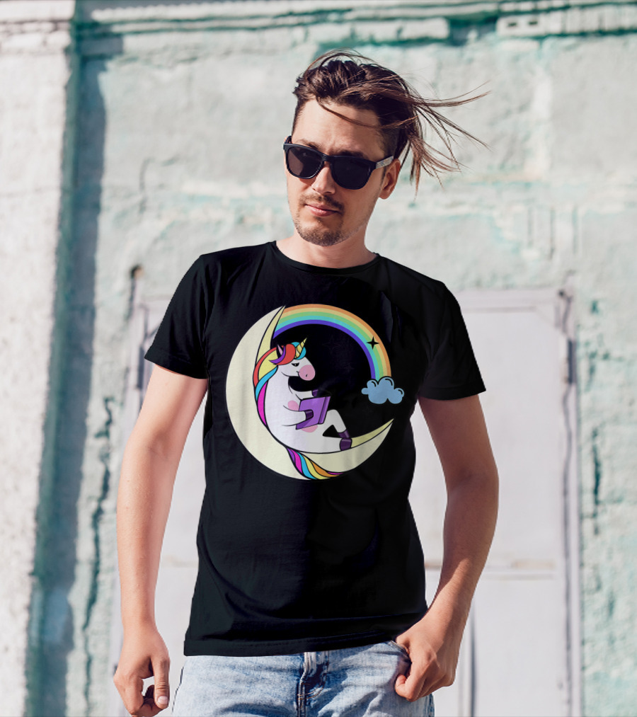 Unicorn Reading Book On Moon With Rainbow And Stars T-Shirt