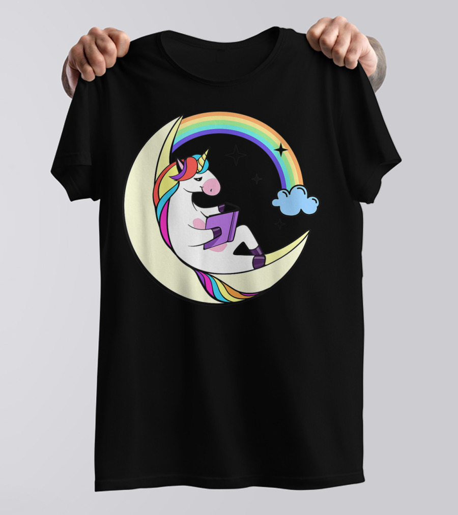 Unicorn Reading Book On Moon With Rainbow And Stars T-Shirt