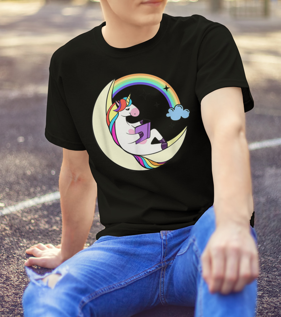 Unicorn Reading Book On Moon With Rainbow And Stars T-Shirt