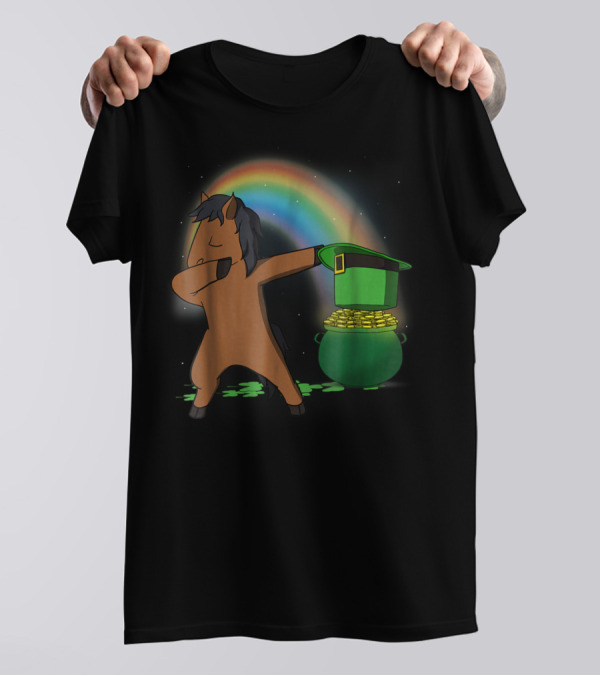 Dabbing Horse Leprechaun With Pot Of Gold And Rainbow T-Shirt