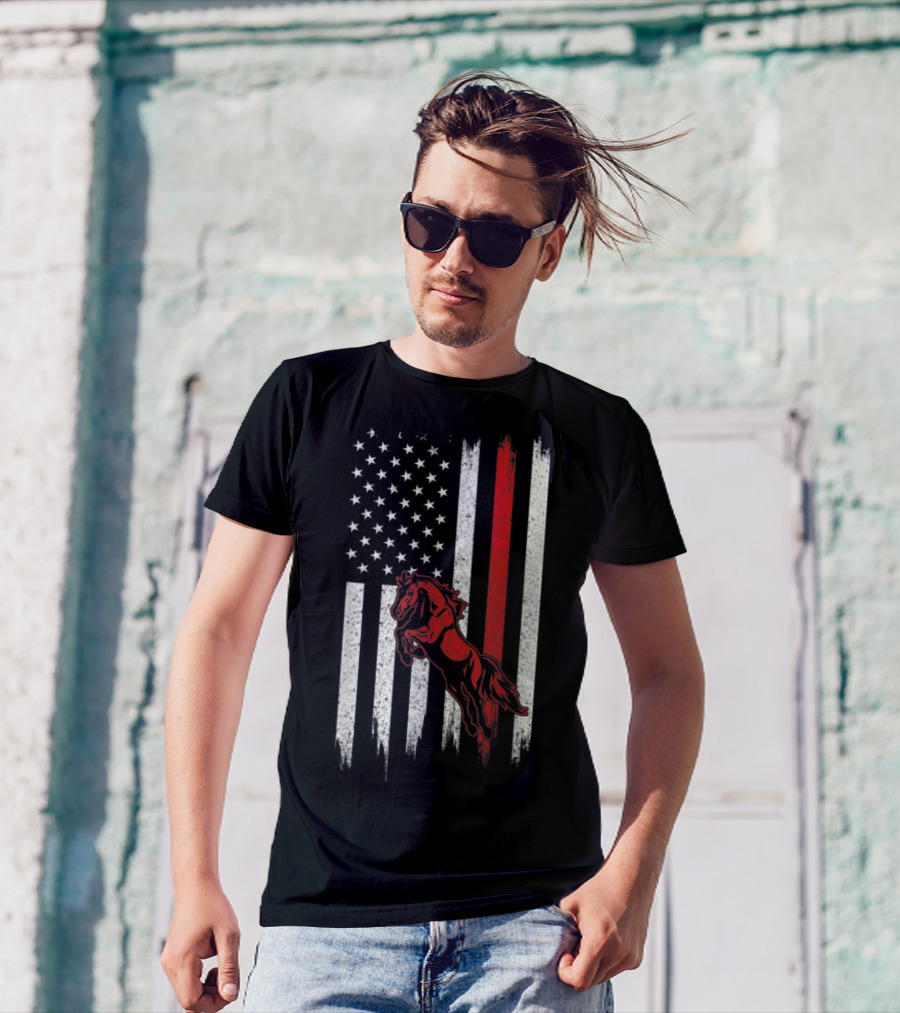 Distressed American Flag With Red Horse T-Shirt
