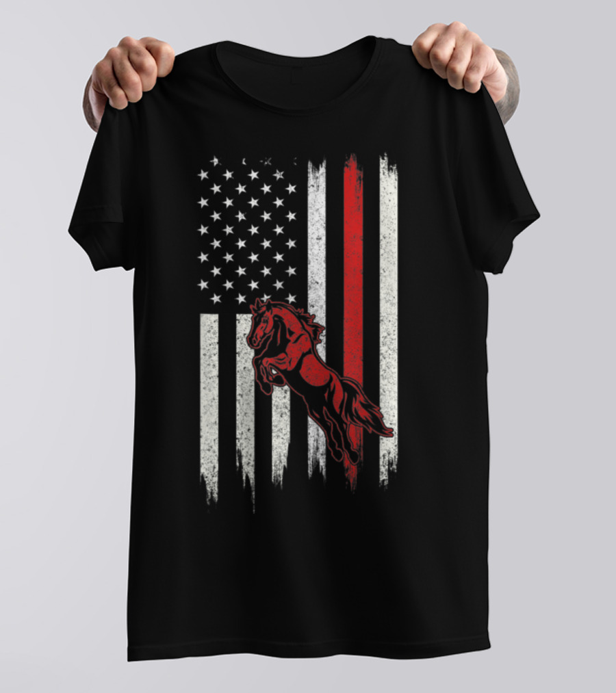 Distressed American Flag With Red Horse T-Shirt