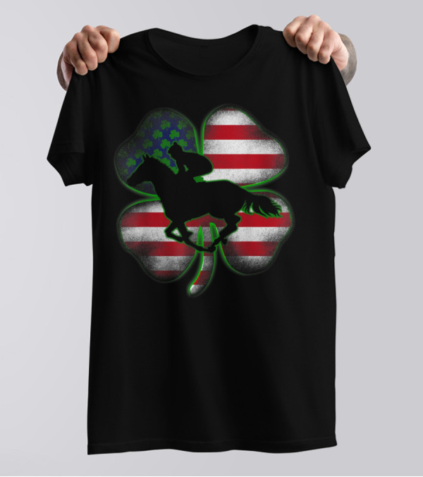 Distressed Horse Racing Shamrocks American Flag St 8W T-Shirt