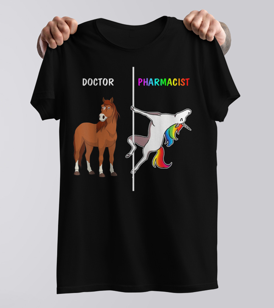 Doctor Horse Vs. Pharmacist Unicorn Rainbow Contrast T-Shirt