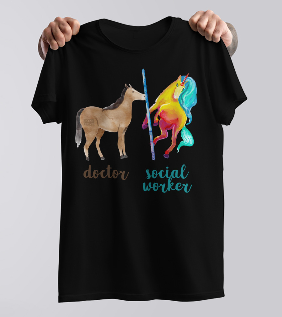 Doctor Horse And Social Worker Unicorn With Pole T-Shirt