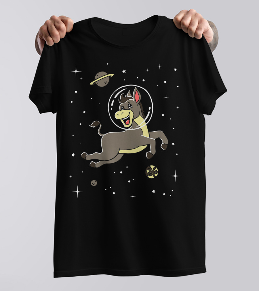 Space Adventure Cute Cartoon Donkey Horse With Astronaut Helmet T-Shirt
