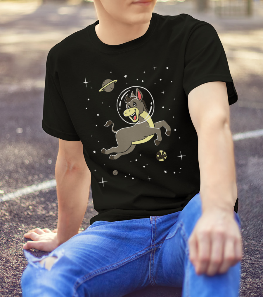 Space Adventure Cute Cartoon Donkey Horse With Astronaut Helmet T-Shirt