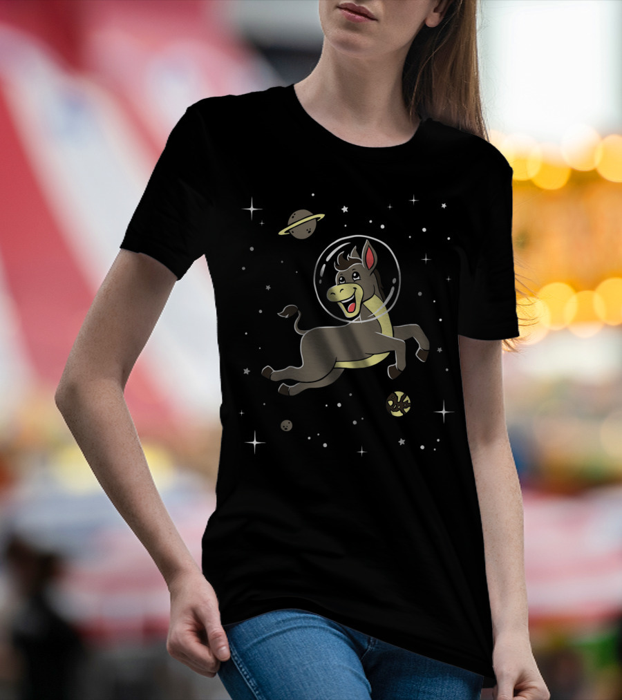 Space Adventure Cute Cartoon Donkey Horse With Astronaut Helmet T-Shirt