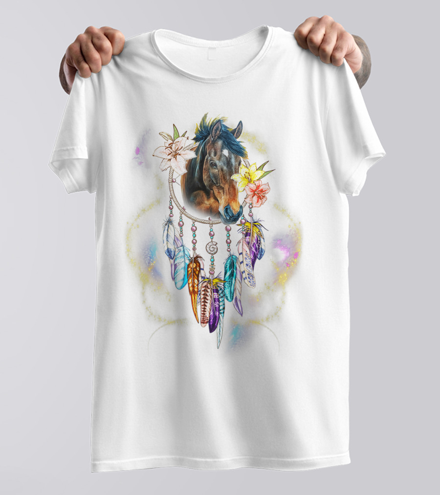 Dream Catcher Horse With Feathers And Flowers For Animal Lovers T-Shirt