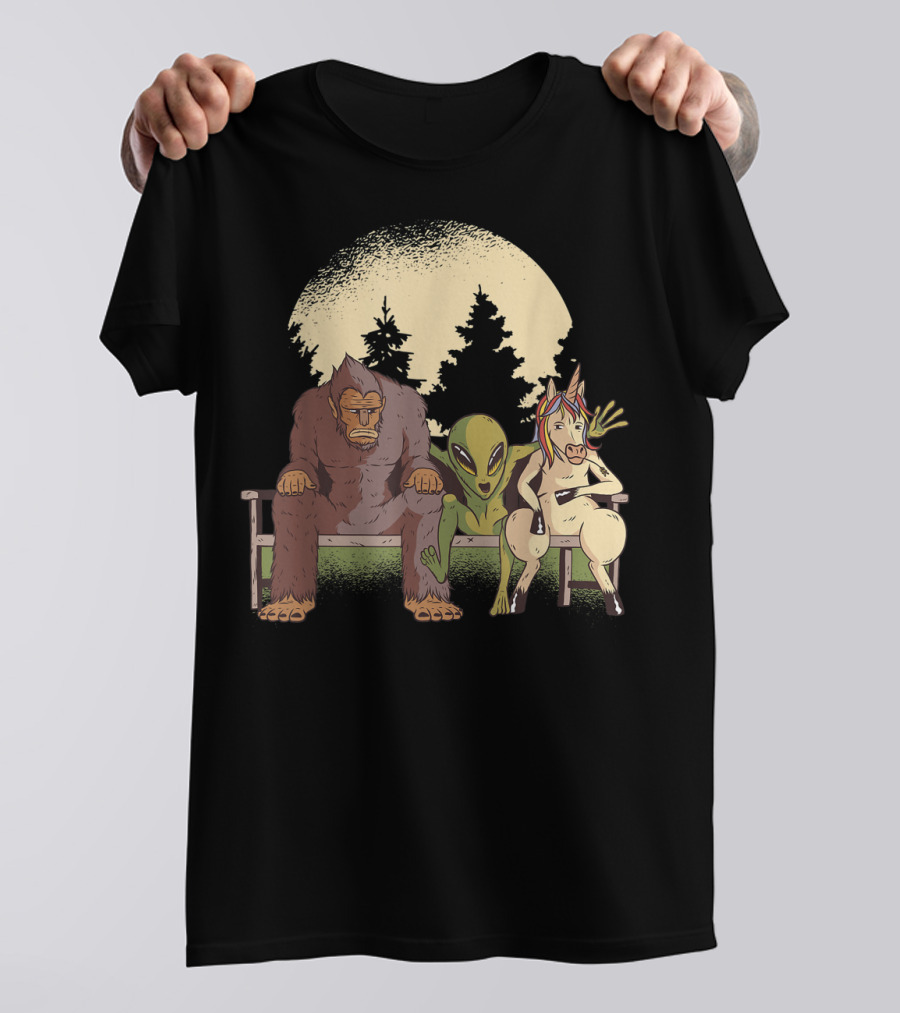 Creatures Monkey Alien Horse Forest Bench Scene T-Shirt