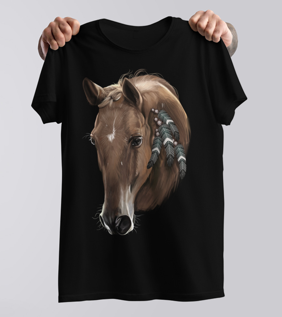 Cute Brown Tribal Horse With Feather Adornments T-Shirt