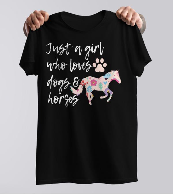Just A Girl Who Loves Dogs And Horses Floral Horse Paw Prints T-Shirt