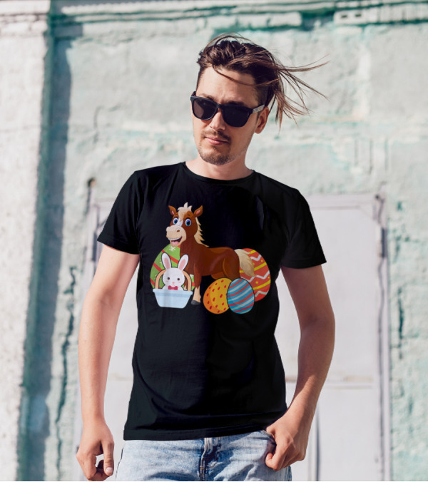 Funny Easter Horse Bunny With Colorful Eggs Happy Easter T-Shirt